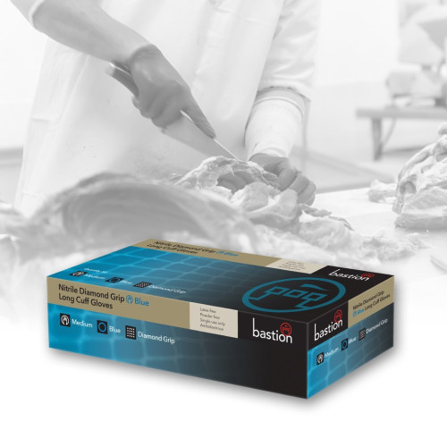 NITRILE DIAMOND GRIP GLOVES - BLUE - 300MM LONG CUFF - POWDER FREE