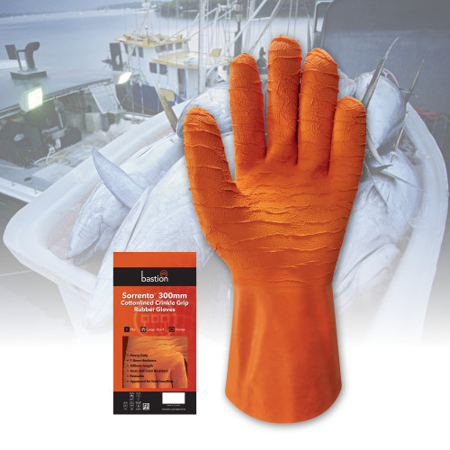 SORRENTO 300MM COTTONLINED ROUGH GRIP ORANGE RUBBER GLOVES