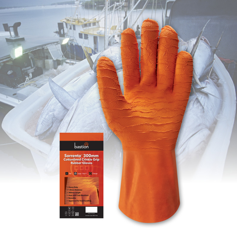 SORRENTO 300MM COTTONLINED ROUGH GRIP ORANGE RUBBER GLOVES