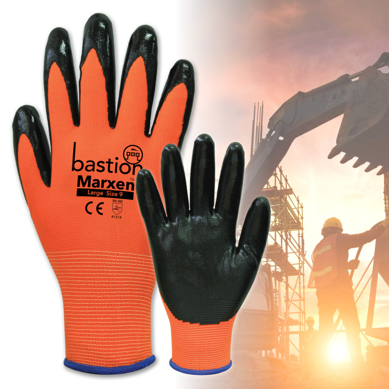 MARXEN HIGH VIZ ORANGE POLYESTER GLOVES - BLACK NITRILE COATING