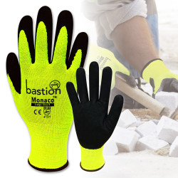 MONACO HI VIZ YELLOW POLYESTER GLOVES - BLACK SANDY FOAM NITRILE COATING