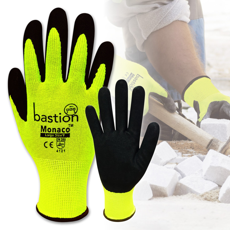 MONACO HI VIZ YELLOW POLYESTER GLOVES - BLACK SANDY FOAM NITRILE COATING