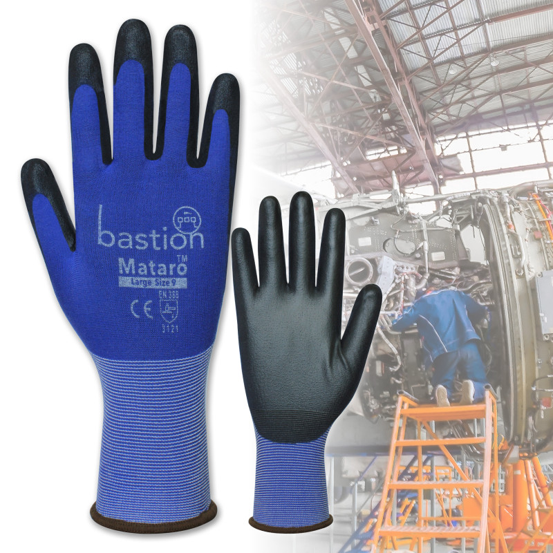 MATARO BLUE NYLON GLOVES - BLACK POLYURETHANE COATING