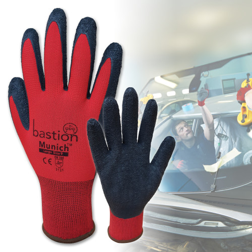 MUNICH RED NYLON GLOVES - BLACK CRINKLED LATEX COATING