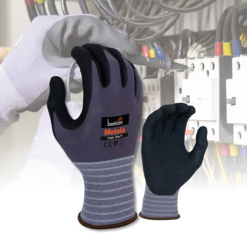 MOTALA 15G GREY NYLON / SPANDEX LINER - BLACK MICRO FOAM NITRILE PALM COATING