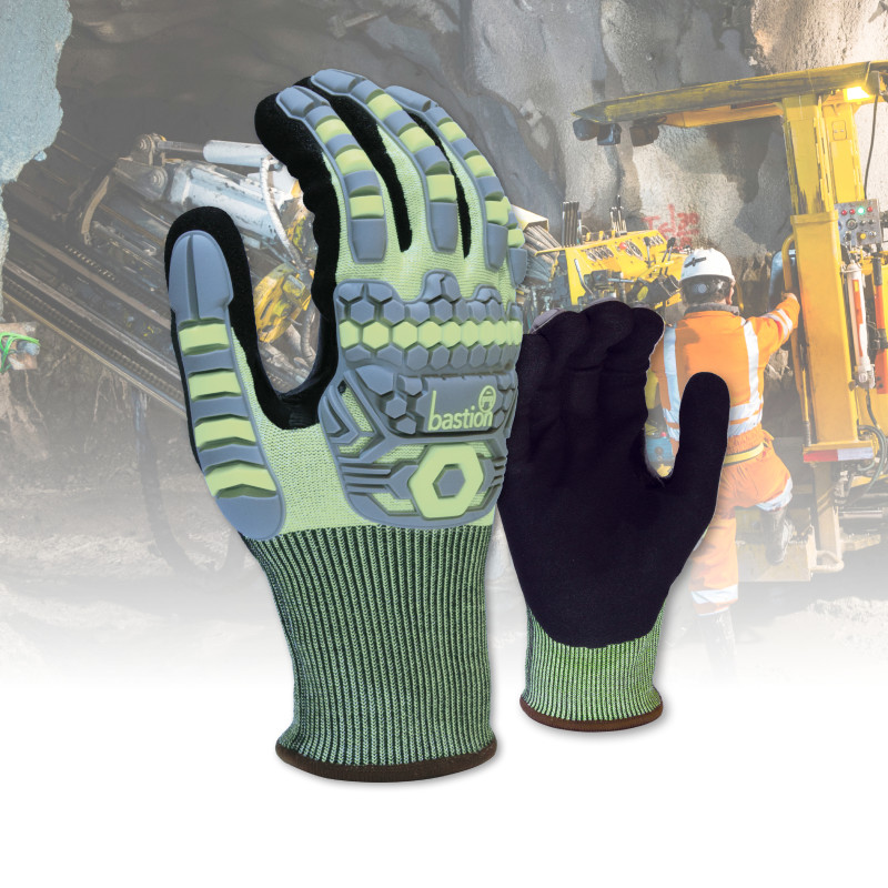 TAVIRA CUT F TPR IMPACT RESISTANT 18G HPPE GLOVES, BLACK SANDY FOAM NITRILE PALM COATING