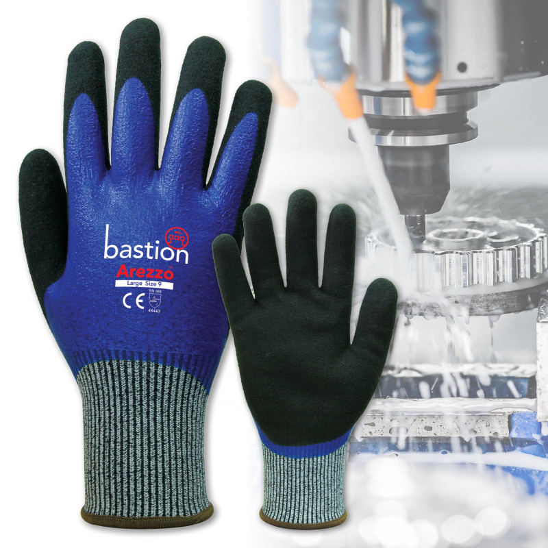 AREZZO CUT 5 GREY HPPE GLOVES - BLUE FULL NITRILE COATING WITH BLACK SANDY FOAM NITRILE COATING