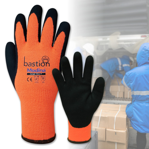 MODINA CUT 3 ORANGE ACRYLIC THERMAL GLOVES - BLACK SANDY LATEX COATING
